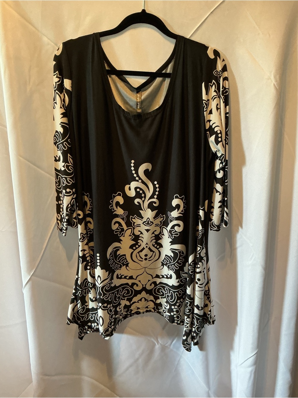 White Mark Black Tunic with White Damask Print